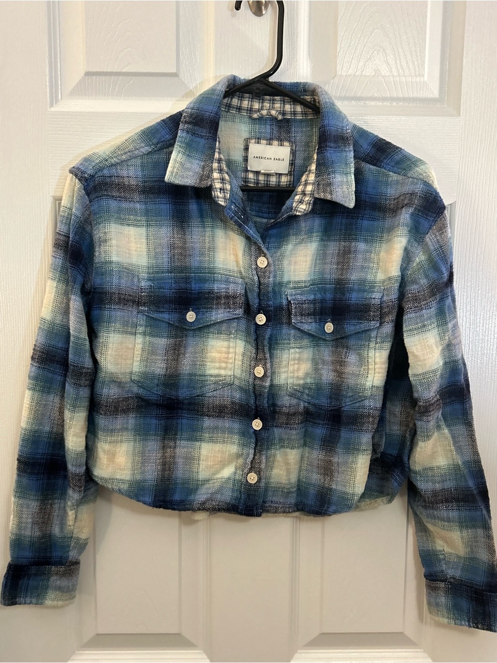 American Eagle Blue Plaid Cropped Flannel Shirt Top XS